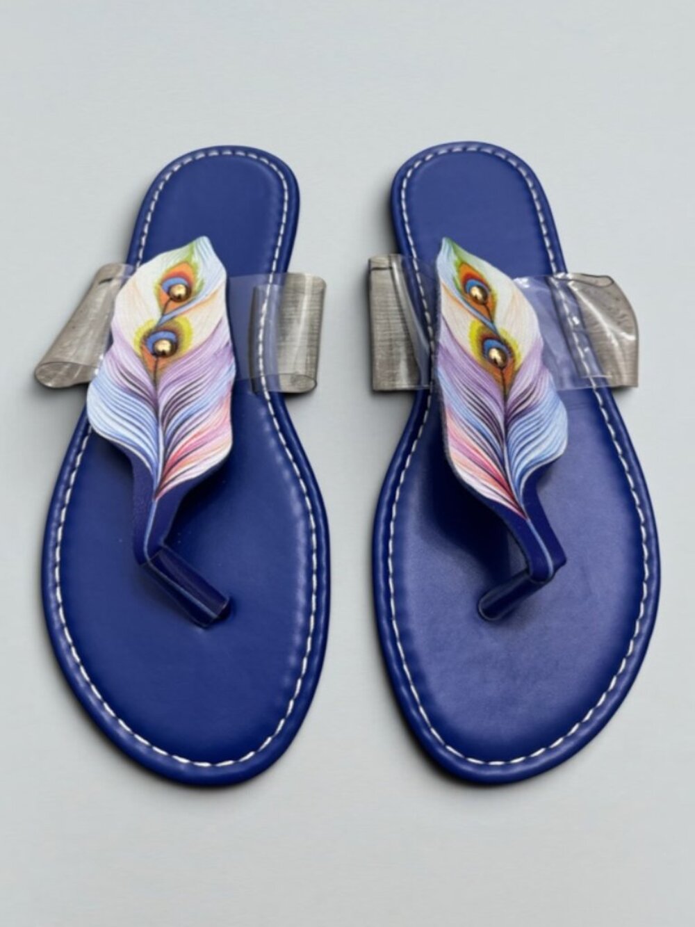 Blue Peacock Feather Clear Strap Thong Flat Sandals Womens Size 38 - Picture 3 of 4